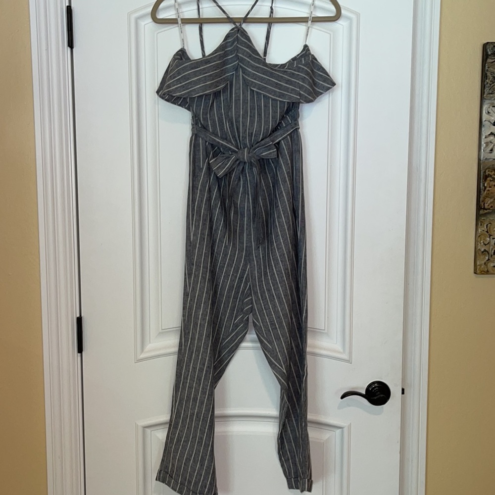 🌺 Avec Les Filles; Gray/White Railroad-Striped Linen Jumpsuit in Misses Sz. S! - Picture 4 of 13